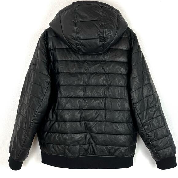 DNKY Men’s Puffer Stadium Jacket Coat Faux Leather Hoodie Winter Black Large - Picture 3 of 13